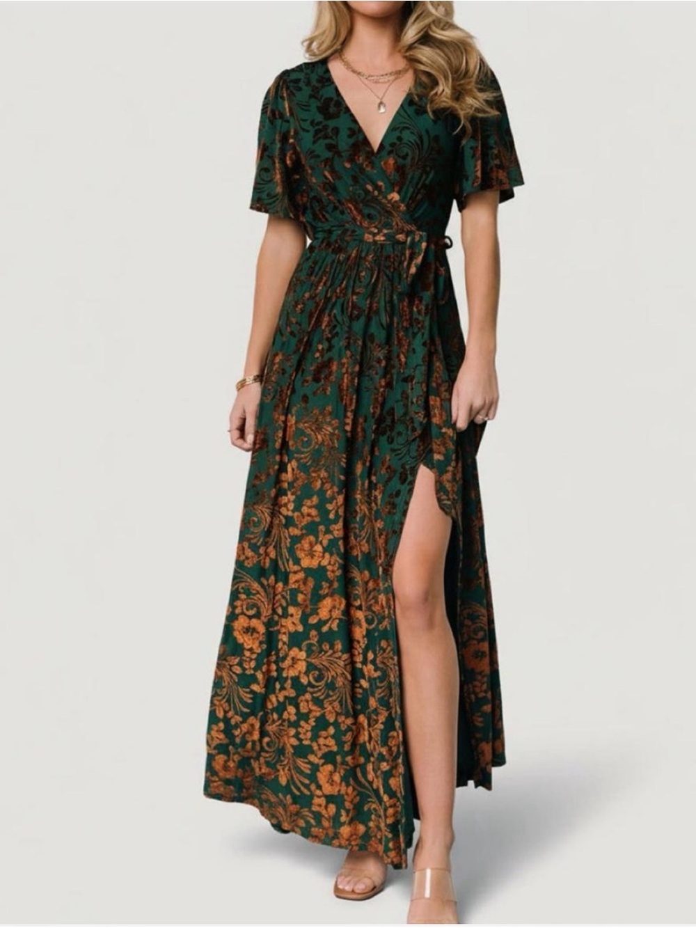 Baltic Born Uma Amber Jade Floral PV-Neck Side Slit Wrap Maxi Dress Size XL